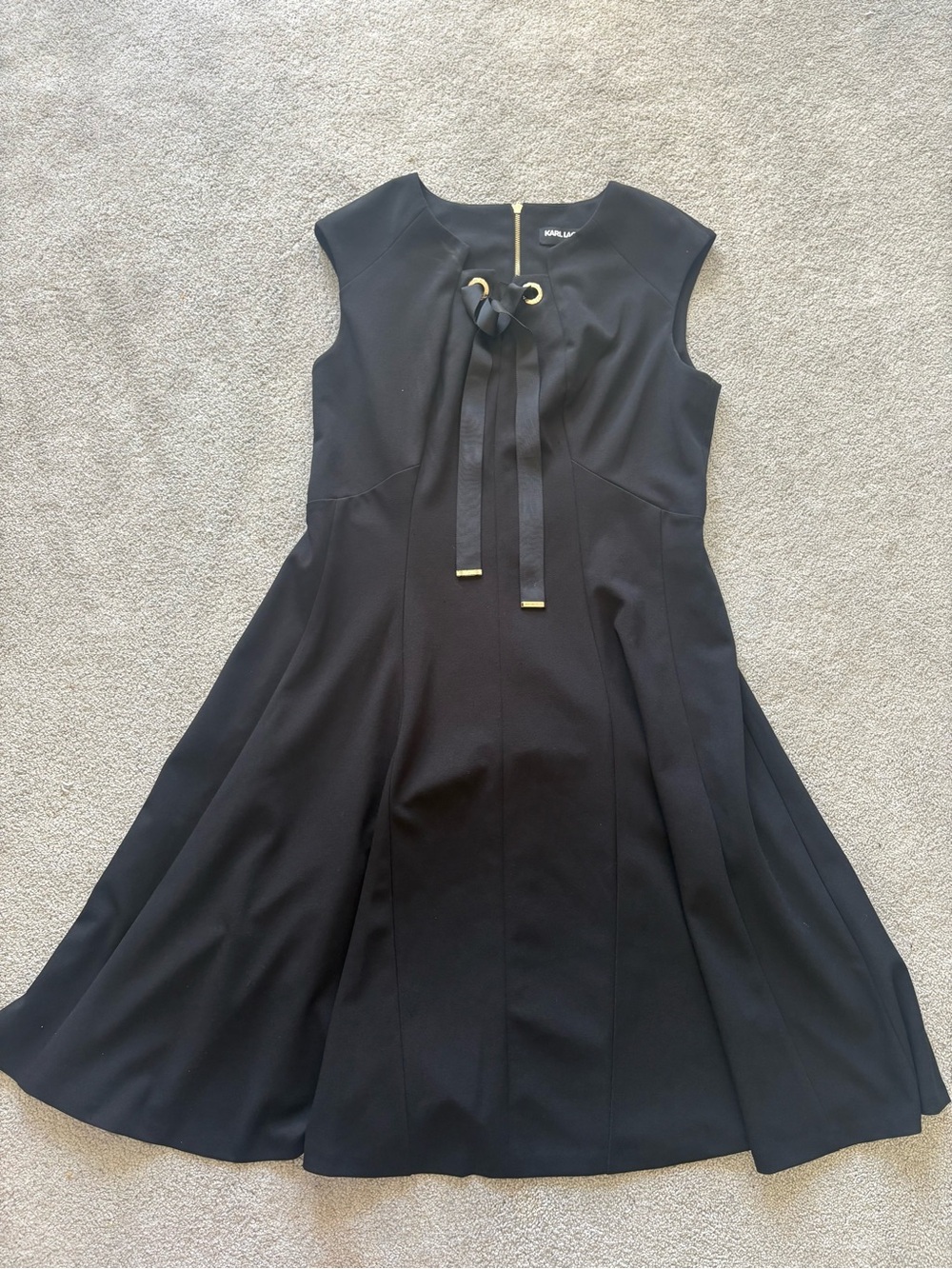 Karl Lagerfeld Black Midi Fit-and-Flare Dress with Ribbon Tie